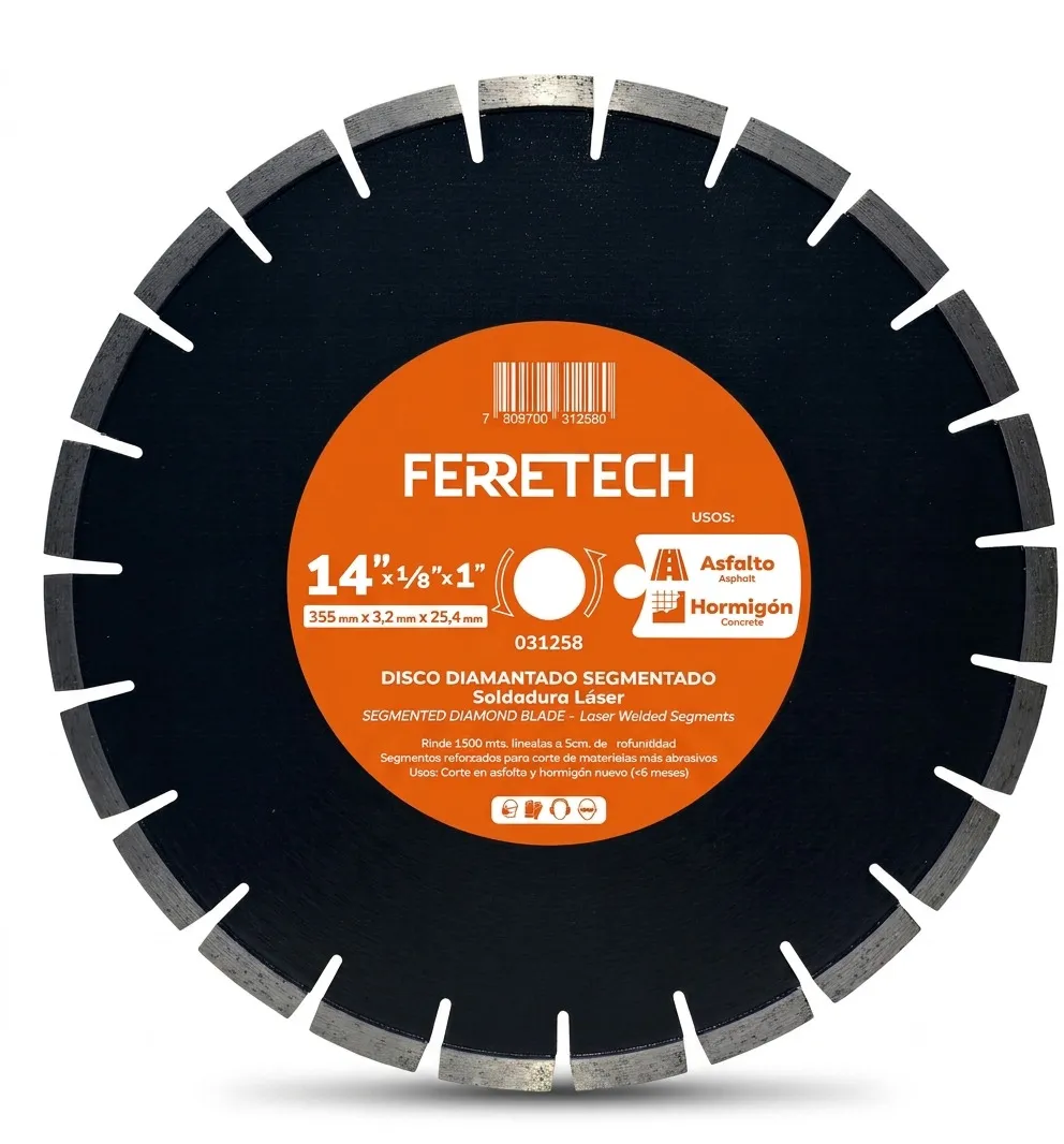 DISCO CORTE DIAMANTADO SEGMENTADO 14" x 0,125" x 1" "LASER WELDING" - CORTADORA DE PAVIMENTO